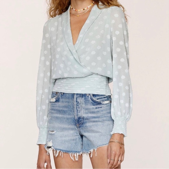 Heartloom Georgette Blouse Smocked Kaelin Top Sage Green Jacquard Fabric Medium - Picture 1 of 8